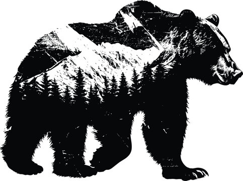 Bear Vector Double exposure wildlife concept illustration, isolated on a white background