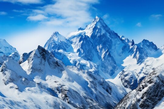 Snow-covered mountain peaks under a clear blue sky background