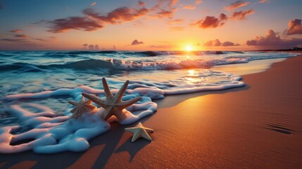 Starfish and seashells on the beach at beautiful sunset