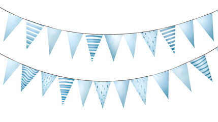 Fototapeta premium Blue watercolor baby boy shower party pennants chain, garland with flags