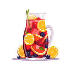 red wine sangria with orange apple strawberry and ice in pitcher and glass hand drawn