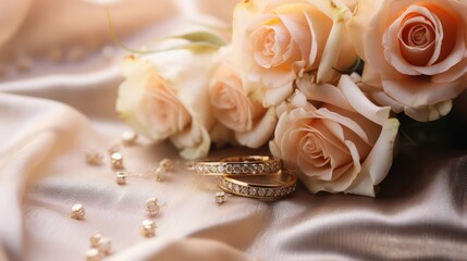 Obraz na płótnie Canvas Wedding rings and flowers on satin background, closeup