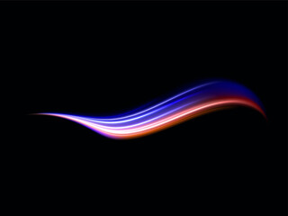 Blue glowing shiny lines effect black background. Luminous white lines of speed. Light glowing effect. Light trail wave, fire path trace line and incandescence curve twirl.