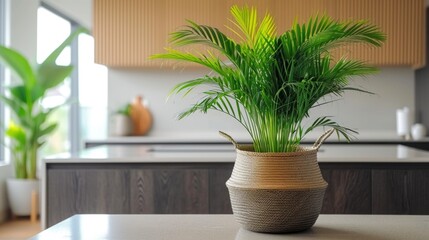 A potted plant sitting on top of a kitchen counter. Palm plant in rattan basket.