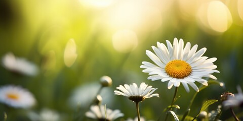 A close up of a flower in a field. Copy-space, place for text. Spring daisy flower background.