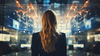 Business Frau Daten Analyse Technologie Cyber Zukunft  Start Up Unternehmen - obrazy, fototapety, plakaty
