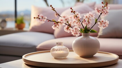 Elegant living room interior with pink flowers in vase on table - obrazy, fototapety, plakaty