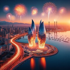 Azerbaijan Baku Flame Towers Boulevard sightseeing travel  caspian sea - obrazy, fototapety, plakaty
