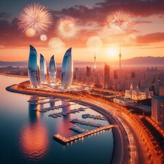 Azerbaijan Baku Flame Towers Boulevard sightseeing travel  caspian sea - obrazy, fototapety, plakaty
