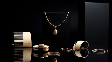 an elegant jewelry set with a gold pendant, presenting a minimalist modern style to highlight the intricate details and luxurious essence of the pieces.