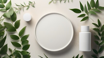 a white round template podium for the natural organic cosmetic product presentation, against a background of green eco forest leaves in a flat lay style.
