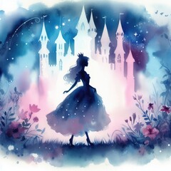 Fototapeta na wymiar Silhouette of a fairy tale princess in front of a magic castle.
