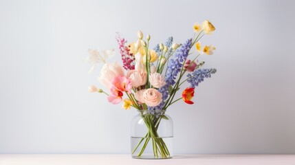 a bouquet of spring flowers on a light background, meticulously arranged in a modern minimalist style, the elegance and simplicity of this composition.
