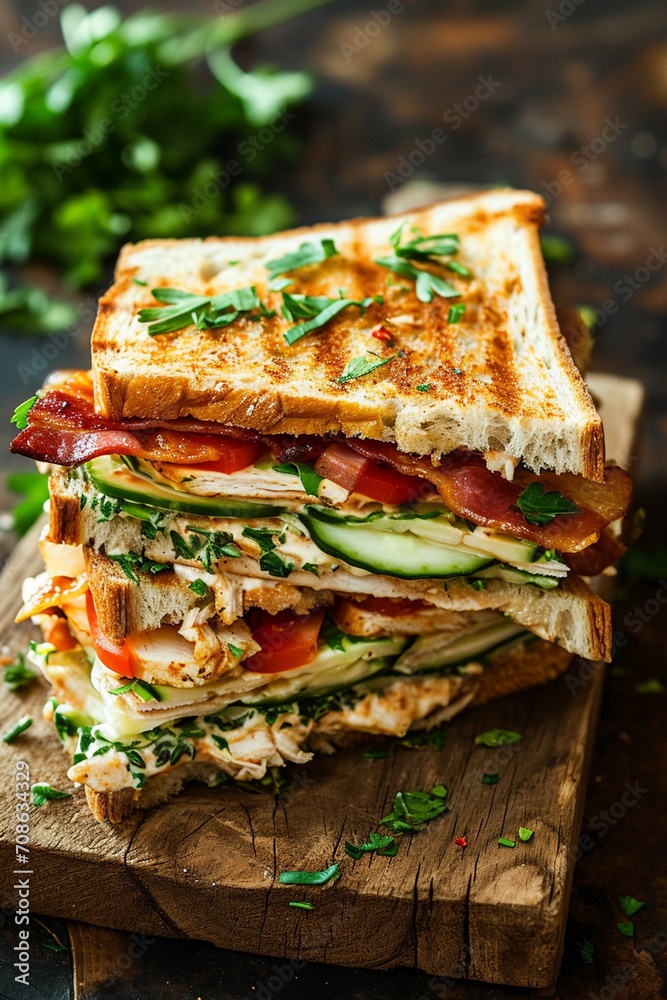 Poster club sandwich with chicken breast, bacon, tomatoes, cucumbers and greens on a wooden background.