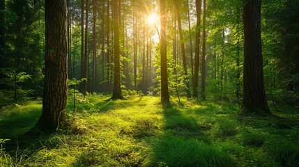 Sun Shining Through Trees in Forest, Bright and Serene Nature Scene