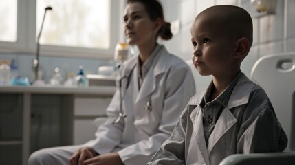 A doctor and a child with cancer in the hospital are looking for support, medical courage, sympathy, love. Mental state assessment, children health and healing concept - obrazy, fototapety, plakaty