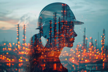 The double exposure image of the engineer standing back during sunrise overlay with cityscape image.