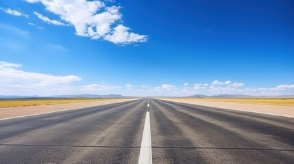 highway in the grassland background of blue sky and bright clouds, long road stretches into the distance. empty street on a beautiful sunny day