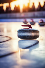 Curling stone on the ice surface with sunset light in the background.