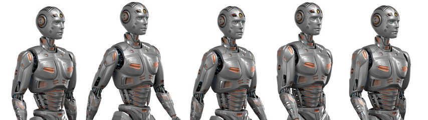 Futuristic robot man walk cycle or humanoid cyborg walking. 3d rendering of the upper body. Set or collage of five different poses. Isolated on transparent background