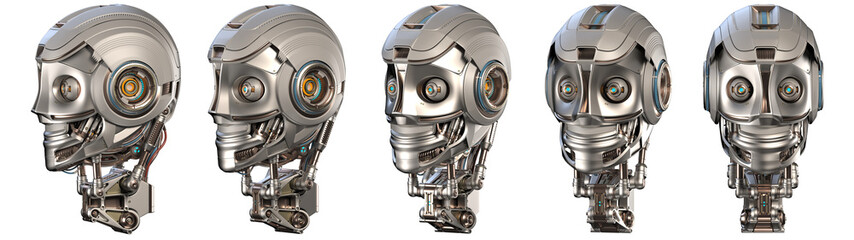 Futuristic robot head or very detailed humanoid face. Collage or set of five different angles. Isolated on transparent background. 3d rendering