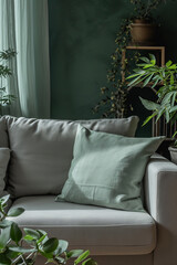 Light pillow on a cozy sofa surrounded by plants in modern living room. Mock up.
