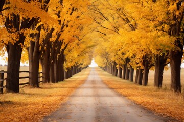 Charming country road lined with trees adorned in their autumn best, leading to a horizon of endless fall beauty - obrazy, fototapety, plakaty