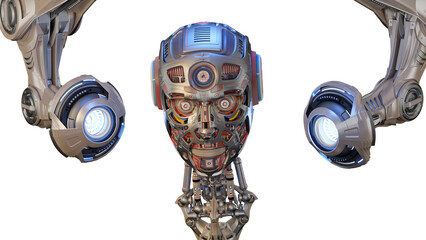 Futuristic robot head or humanoid face under construction by mechanical assembly arms or robotic automated equipment. Cyber factory isolated on transparent background. 3d rendering