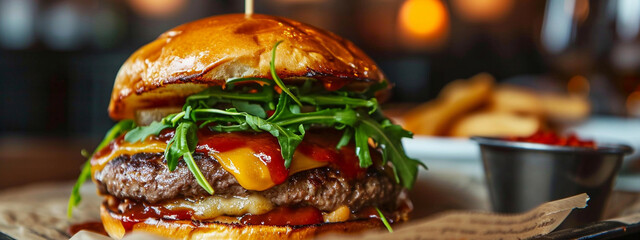 close-up of a delicious juicy burger. Healthy and tasty burger - obrazy, fototapety, plakaty