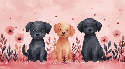 Cute group of dogs watercolor style. Cute colorful puppies. Beautiful banner for decoration design, print, wallpaper, textile, interior design, poster, children books, decorate children rooms