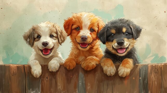 Cute group of dogs watercolor style. Cute colorful puppies. Beautiful banner for decoration design, print, wallpaper, textile, interior design, poster, children books, decorate children rooms