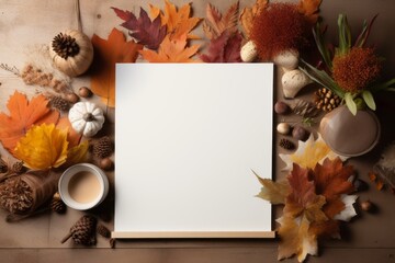 Autumn mockup showcasing a blank canvas, paintbrushes, and natural textures