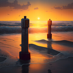 bollards in the surf at sunset