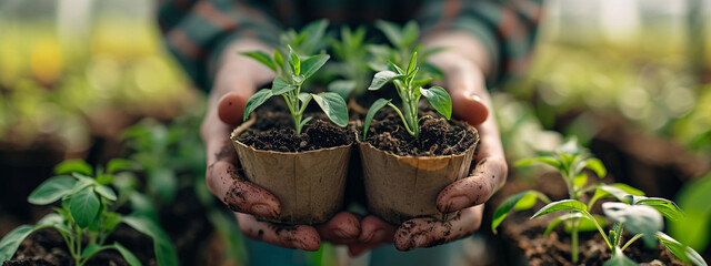 hands of a farmer taking seedlings from a box. planting seedlings. - obrazy, fototapety, plakaty