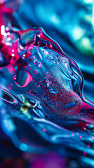 Abstract background with neon drops on the surface of the liquid. macro