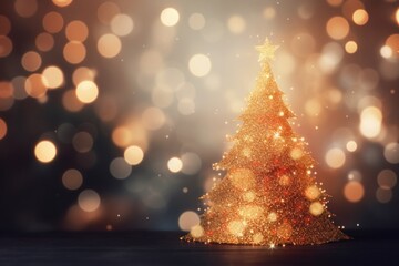 Golden christmas tree shining brightly against a dark backdrop