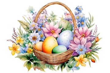 watercolor realistic painting easter eggs and rabbit in basket of pastel flower garden on white background.