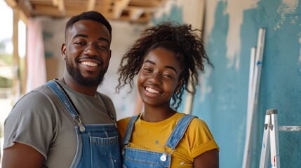 young african american couple painting or renovating house or apartment - obrazy, fototapety, plakaty