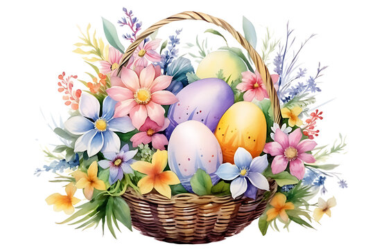 watercolor realistic painting easter eggs and rabbit in basket of pastel flower garden on white background.