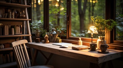Fototapeta na wymiar Cozy Home Office with Wood Desk - AI Generated