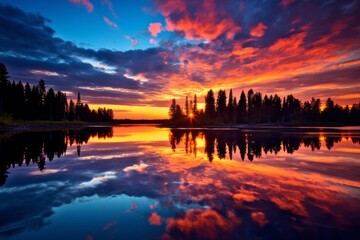 Fototapeta na wymiar Calm river reflecting the colors of a vibrant sunset sky