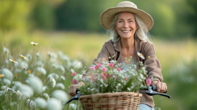 spring image of a senior woman on a bicycle in the countryside with copy-space