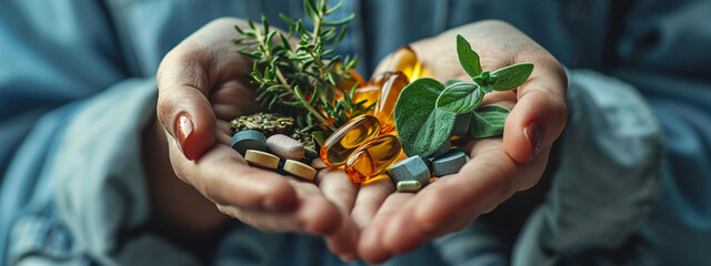 in the hands of pills medicinal pills from herbs, medicine. - obrazy, fototapety, plakaty