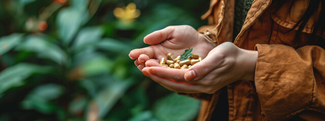 Fototapeta premium in the hands of pills medicinal pills from herbs, medicine.