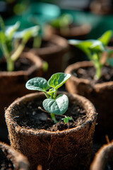 close-up of cucumber seedlings in peat pots.