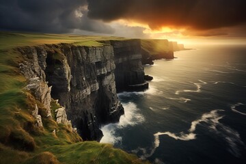 Coastal cliffs meeting the sea under a dynamic sky, an awe inspiring natural view