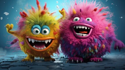 Surreal colorful furry creatures, two funny monsters with teeth and eyes. Strong friendship. Yellow and pink bright characters with funny faces on a blue background.