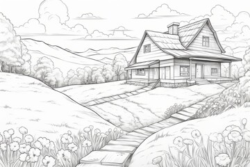 Coloring sheet with a charming farmhouse and rolling hills
