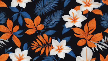 Fototapeta na wymiar Pattern of orange flowers and blue leaves on dark background 