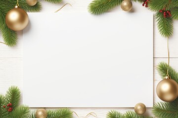Blank white sheet of paper adorned with festive christmas decorations